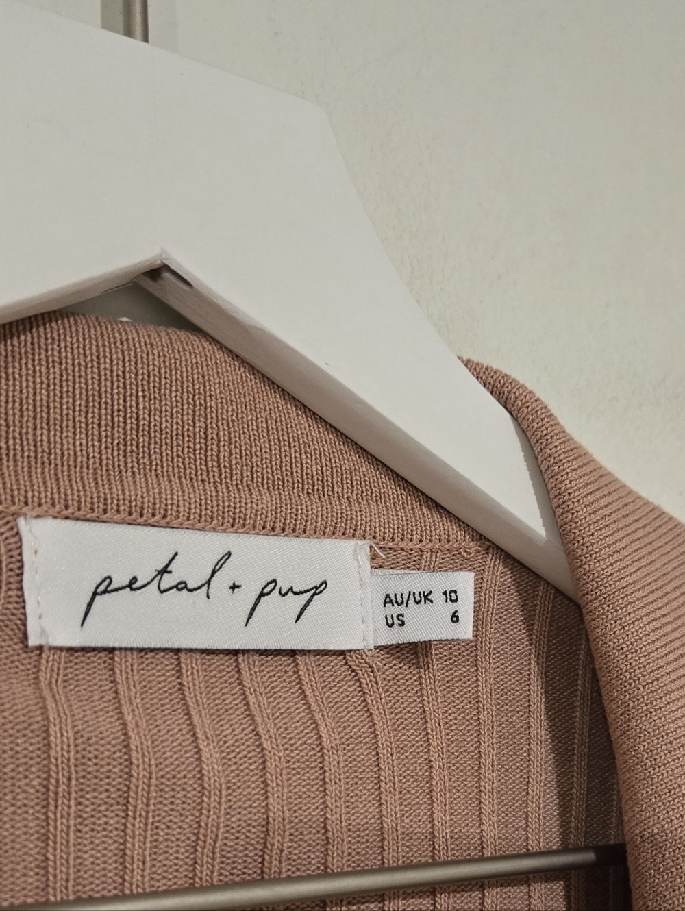 Petal & Pup Ribbed Knit Midi Dress Tan Brown Collared Open Back Slit Size 6 - Picture 6 of 7